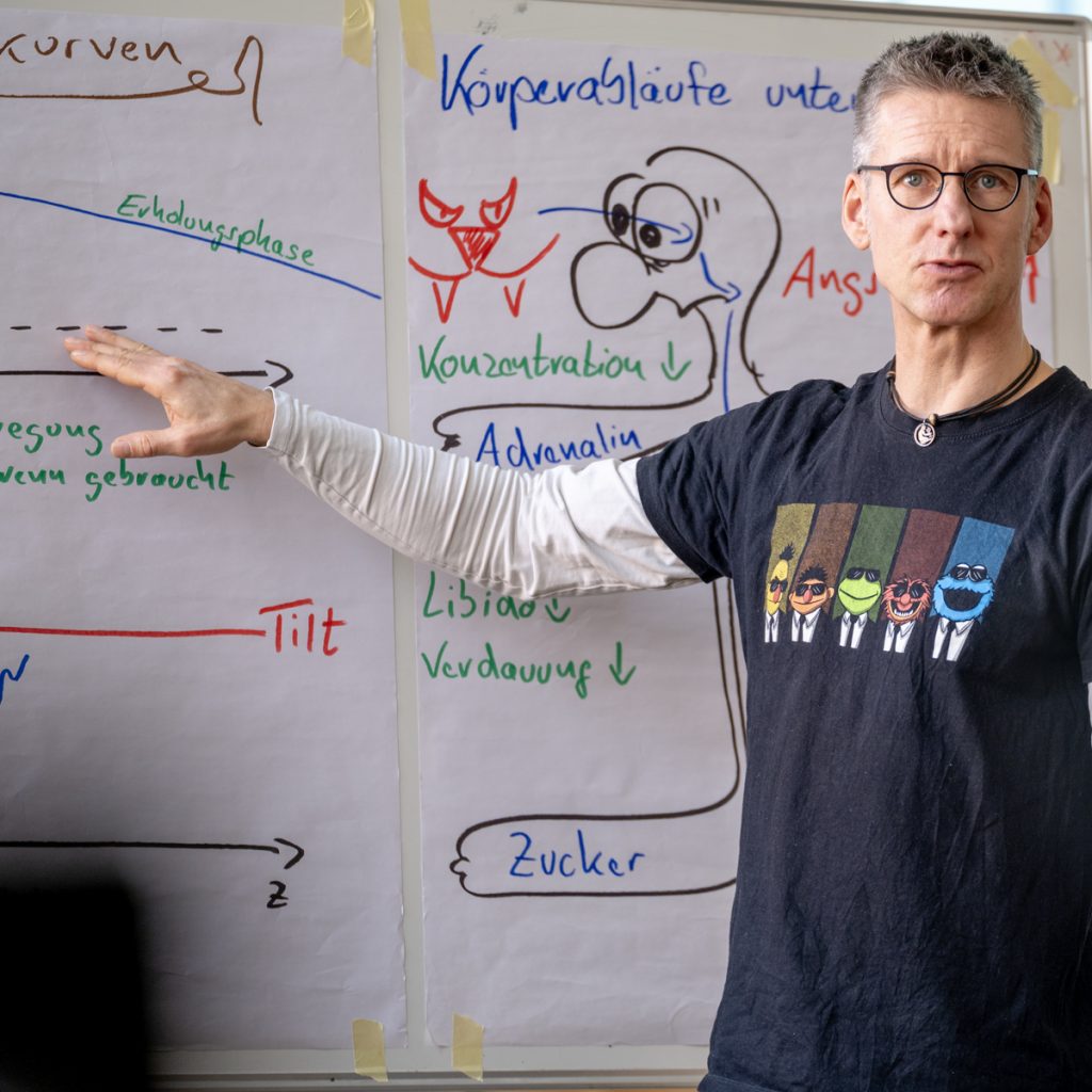 Michel Koppe während eines Vortrages zeigt auf das Clipchart